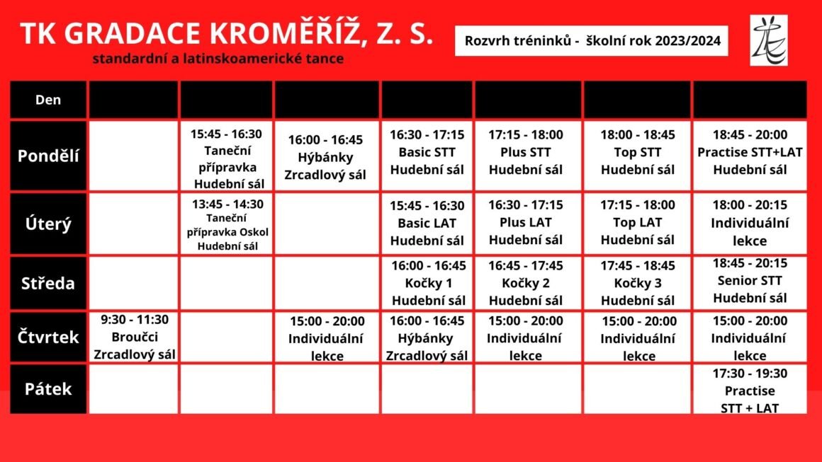 Rozvrh tréninků TK Gradace 2023/2024