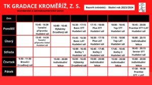 Rozvrh tréninků TK Gradace 2023/2024